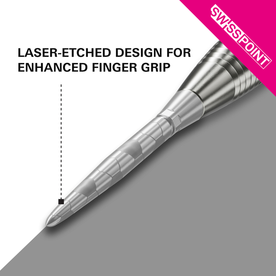 Puntas de dardos Target Swiss Storm Onyx Point - Plateadas Das Bild zeigt die silberne Dartspitze "Target Swiss Storm Onyx Point". Die Spitze verfügt über ein lasergraviertes Design für einen verbesserten Fingergriff.