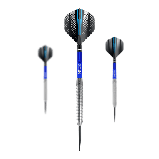 Red Dragon Razor Edge Original Steeldarts Das Bild zeigt drei Red Dragon Razor Edge Original Steeldarts mit einem Gewicht von 24g. Die Darts haben blaue Schäfte, silberne Griffbereiche und schwarze Flights mit einem Muster.