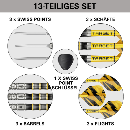 Target Buzz 02 Swiss Points Steeldarts Das Bild zeigt die Target Buzz 02 Swiss Points Steeldarts. Die Steeldarts werden aus einer anderen Perspektive vorgestellt.