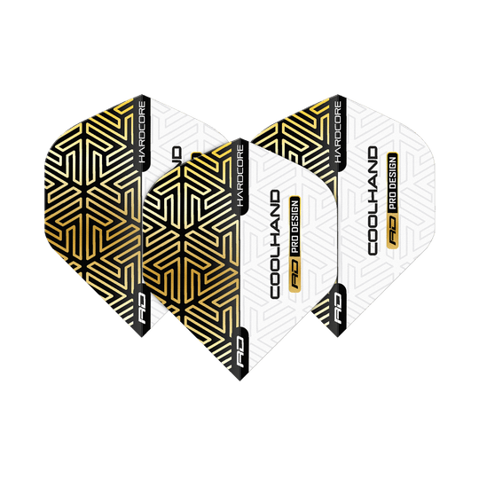 Red Dragon Hardcore Luke Humphries Zlatobílé Prémiové Standardní Letky Das Bild zeigt die "Red Dragon Hardcore Luke Humphries Gold White Premium Standard Flights". Die Flights sind weiß mit gold-schwarzem geometrischem Muster und schwarzem Schriftzug.