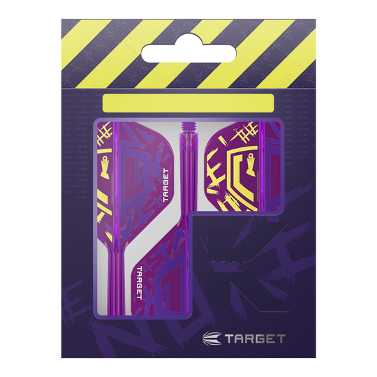 Target K-Flex Luke Littler Campione del mondo 2025 N. 2 Voli standard Die Abbildung zeigt die "Target K-Flex Luke Littler World Champion 2025 No2 Standard Flights" in einer Verpackung. Die Flights sind lila mit gelben Akzenten und dem Target-Logo gestaltet.