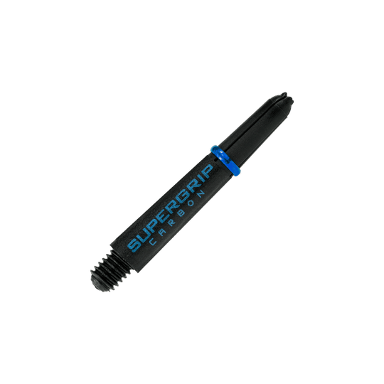 HR363_Harrows_Supergrip_Carbon_Shafts_Aqua_33mm_2 Das Bild zeigt einen Harrows Supergrip Carbon Shaft in der Farbe Aqua. Der Schaft ist überwiegend schwarz mit blauen Akzenten und der Aufschrift "SUPERGRIP CARBON".