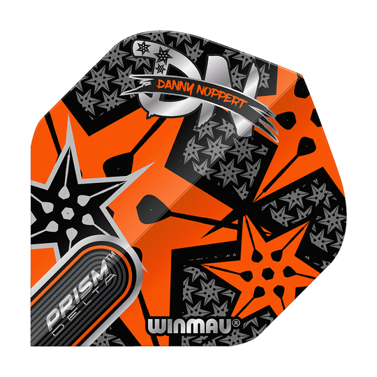 Letky Winmau Prism Delta Danny Noppert Orange Signature No2 Standard Das Bild zeigt ein buntes Dart-Flight mit orangefarbenem und schwarzem Sternmuster. Auf dem Flight stehen die Namen "Danny Noppert" und "Winmau Prism Delta".