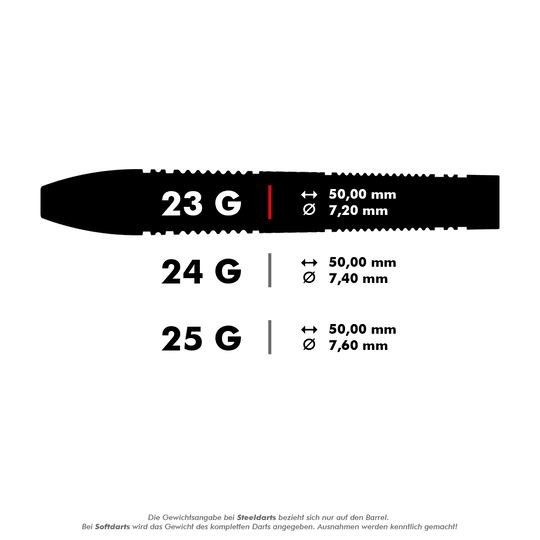 Dardos de acero Target Scope 02 Swiss Point Das Bild zeigt drei verschiedene Steeldarts mit den Gewichten 23 g, 24 g und 25 g. Für jedes Gewicht sind die Länge von 50,00 mm und der jeweilige Durchmesser angegeben.