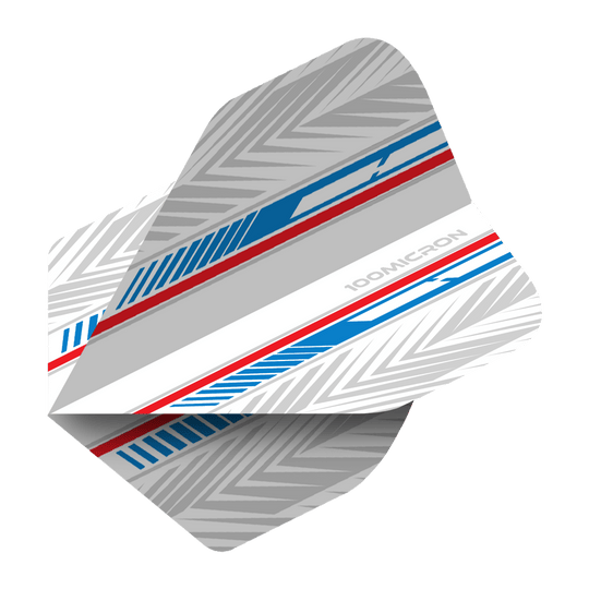 Vuelos de pentatlón blanco/azul/rojo Das Bild zeigt einen Pentathlon White Blue Red No2 Standard Flight für Darts. Das Design besteht aus weißen, blauen und roten Streifen mit silbergrauen Mustern.
