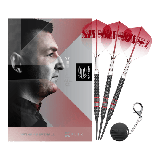 Šipky Target Nathan Aspinall 95K Swiss Point Steel Volle Ansicht der Target Nathan Aspinall 95K Swiss Point Steeldarts. Die Darts sind in ihrer Gesamtheit abgebildet.