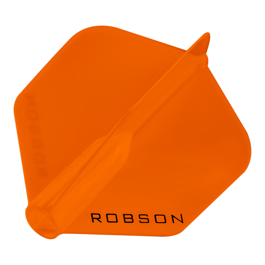 Voli Robson Plus - Standard Das Bild zeigt ein orangefarbenes Dart-Flügel mit der Aufschrift "ROBSON". Er hat eine sechseckige Form und ist transparent.