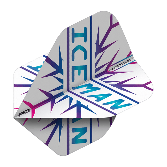 TF6827_Red_Dragon_Hardcore_Gerwyn_Price_Rainbow_Snowflake_Standard_Flights_23JBmUsXTkjE7i Das Bild zeigt ein Dartflights-Set mit dem Aufdruck "ICEMAN" in blauen und lila Farben. Die Flights haben ein schneeflockenähnliches Muster und den Schriftzug "HARDCORE" an der Seite.