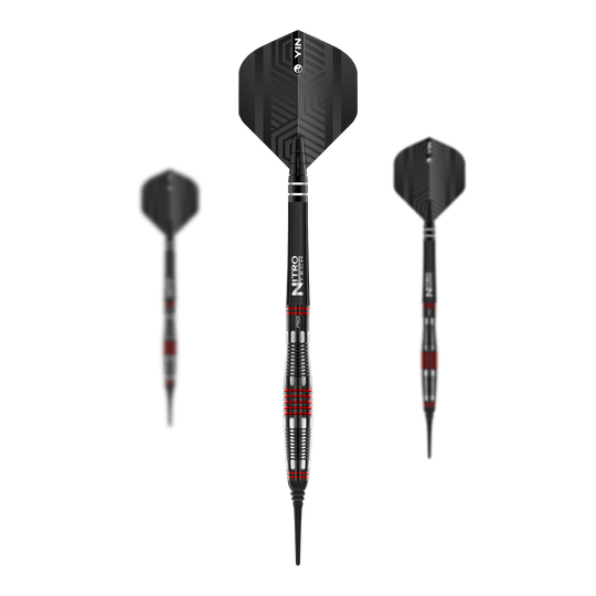 Měkké šipky Red Dragon Marlin Venom - 22g Das Bild zeigt drei Softdarts des Modells "Red Dragon Marlin Venom" mit einem Gewicht von 22g. Die Darts sind in Schwarz mit roten und silbernen Akzenten gestaltet.