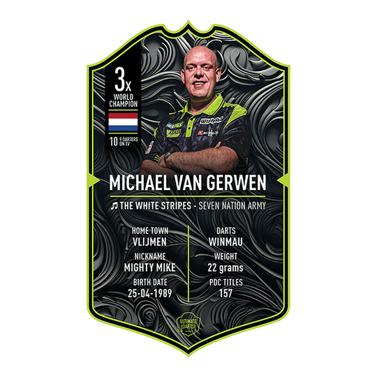 Karta Ultimate Darts - Michael Van Gerwen 2025 Dies ist eine Sammelkarte von "Ultimate Darts" für Michael Van Gerwen aus dem Jahr 2025. Sie zeigt sein Foto und enthält Informationen wie seinen Spitznamen, Geburtsdatum, Heimatstadt und Statistiken.