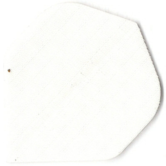 n7 Das Bild zeigt ein weißes Nylon-Stoff Flight in einer nahezu fünfeckigen Form. Das Material wirkt leicht strukturiert und ist für den Einsatz bei Darts geeignet.