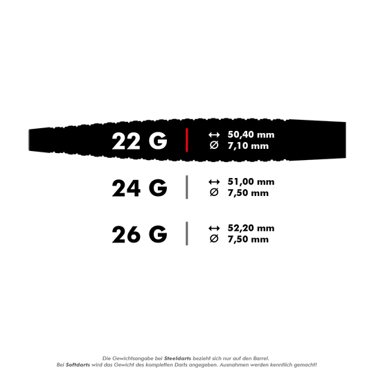 13242_Bulls_Dot_D6_Steeldarts_5_22g Das Bild zeigt die technischen Daten von Steeldarts in den Gewichten 22 g, 24 g und 26 g. Angegeben sind jeweils die Länge und der Durchmesser der Darts.