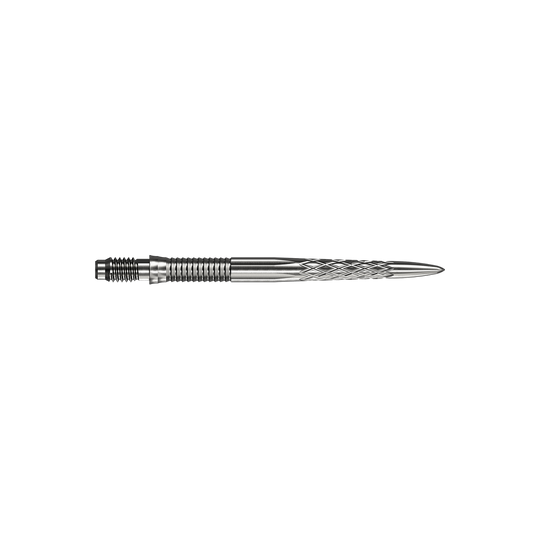 Mission R2.5 Rapid Point DSX Dartspitzen - Silber Abgebildet sind silberne Dartspitzen Mission R25 Rapid Point DSX mit einer Länge von 30mm. Die Spitzen werden aus zwei verschiedenen Blickwinkeln präsentiert.