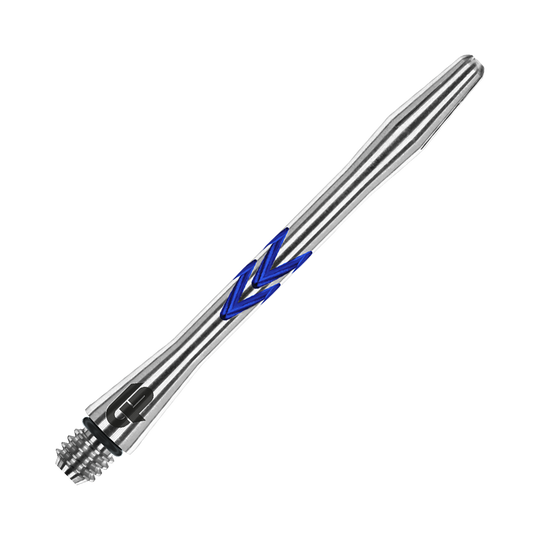 C643_Red_Dragon_Gerwyn_Price_V-Groove_Aluminium_Shafts_Blue_46mm_2 Dies ist ein Red Dragon Gerwyn Price V-Groove Blue Aluminium Shaft. Der Schaft ist silberfarben mit blauen Akzenten und besteht aus Aluminium.