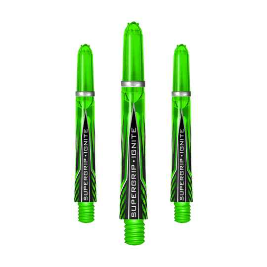 HR390_Harrows_Supergrip_Ignite_Shafts_Gr-n_40mm_1twMDBP71eqkB2 Harrows Supergrip Ignite Shafts in markanter Anordnung. Die Schäfte zeichnen sich durch ihre Oberfläche aus.