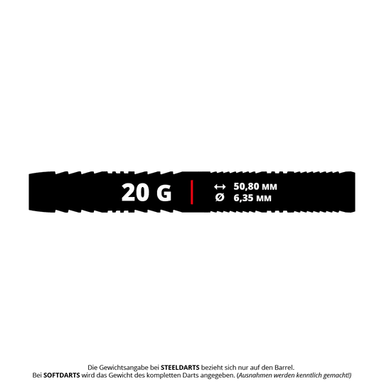 Šipky Red Dragon Seren 1 Pure Softdarts - 20g Das Bild zeigt die Maße und das Gewicht des Produkts "Red Dragon Seren 1 Pure Softdarts - 20g". Der Dart wiegt 20 Gramm, ist 50,80 mm lang und hat einen Durchmesser von 6,35 mm.
