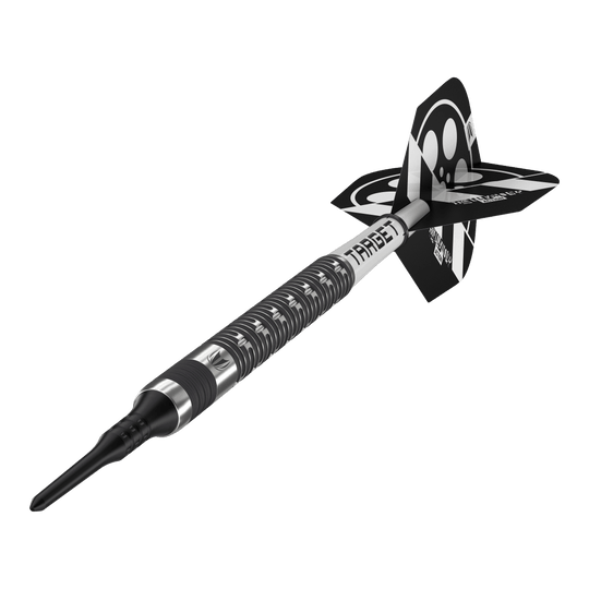 Target Chris Dobey Hollywood Action Softdarts - 20g Das Bild zeigt einen schwarzen Softdart mit silbernen Akzenten und der Aufschrift "TARGET". Am hinteren Ende befindet sich ein schwarz-weißes Flight-Design.