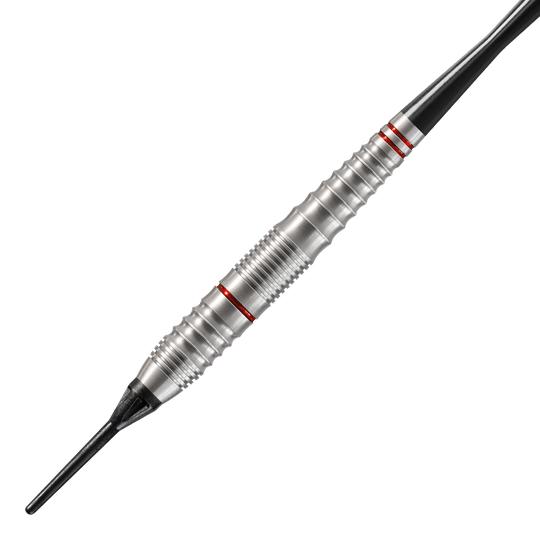 Dardos suaves Harrows Rage Das Bild zeigt einen silbernen Softdart namens "Harrows Rage Softdarts". Der Dart hat rote Ringe und eine schwarze Kunststoffspitze.