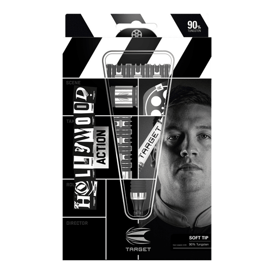Target Chris Dobey Hollywood Action Softdarts - 20g Die Abbildung zeigt das Produkt "Target Chris Dobey Hollywood Action Softdarts - 20g" in seiner Verpackung. Auf der Verpackung sind die Darts sowie das Gesicht eines Mannes und der Markenname deutlich zu sehen.