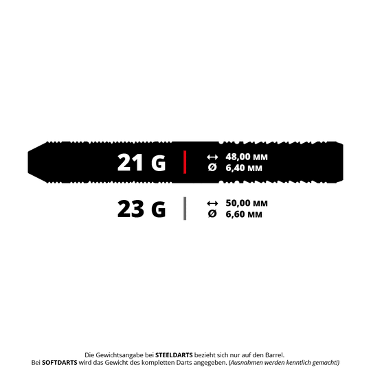 Dardos de acero Target Japan Black Marque Reyn GEN2 Das Bild zeigt zwei verschiedene Steeldarts mit unterschiedlichen Gewichten und Maßen. Ein Dart wiegt 21 g und ist 48 mm lang, der andere wiegt 23 g und ist 50 mm lang.