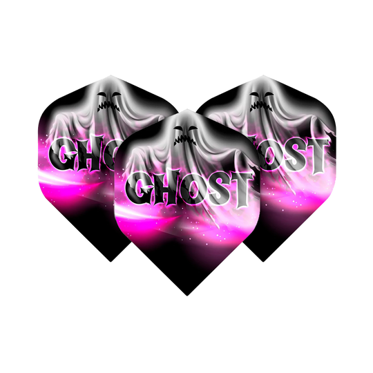 Mission Solo Bailey Marsh No2 Standard Flights Das Bild zeigt drei Dart-Flights mit dem Aufdruck „GHOST“ und einem stilisierten Geist auf einem schwarz-rosa Hintergrund. Es handelt sich um das Produkt "Mission Solo Bailey Marsh No2 Standard Flights".