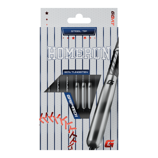 Šipky GOAT Homerun Baseball Tungsten Steel Das Bild zeigt die Verpackung der "GOAT Homerun Baseball Tungsten Steeldarts" mit Stahlspitze. Auf der Vorderseite sind drei Darts sowie baseballtypische Designelemente abgebildet.