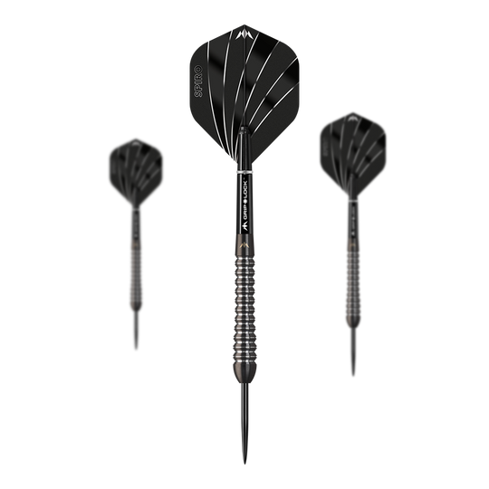 Lotki stalowe Mission Spiro Model 2 - 22g Das Bild zeigt drei Steeldarts des Modells "Mission Spiro Model 2" mit einem Gewicht von 22g. Die Darts sind schwarz mit silbernen Akzenten und haben auffällige Flights mit weißen Linien.
