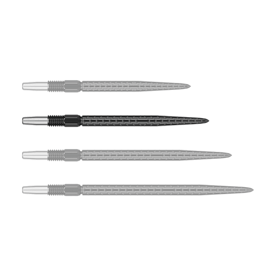 Target Swiss Point RVE Dartspitzen - Schwarz Das Bild zeigt vier schwarze Dartspitzen mit silbernem Gewinde. Sie liegen parallel nebeneinander auf einem grünen Hintergrund.