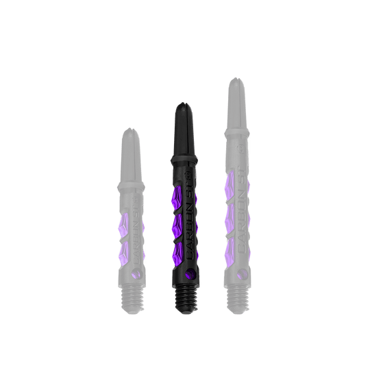 HR426_Harrows_Carbon_ST_Shafts_Lila_40mm_1 Das Bild zeigt drei schwarze Dartschäfte mit lila Akzenten. Auf den Schäften steht „CARBON ST“.