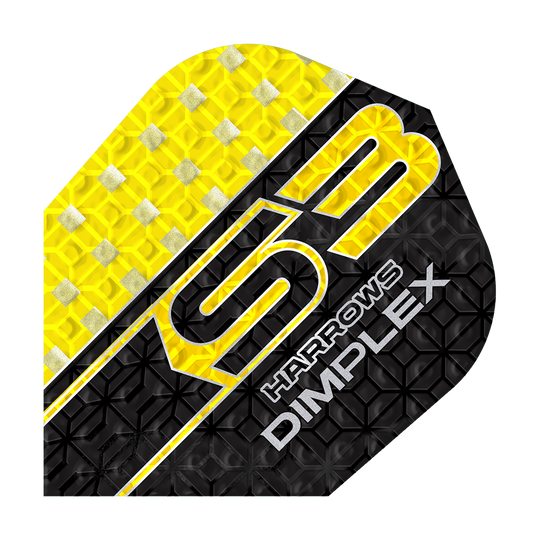 Letky Harrows Dimplex S3 - žluté Das Bild zeigt das Produkt "Harrows Dimplex S3 Flights - Gelb". Das Flight ist gelb und schwarz mit silbernen Details und einem strukturierten Muster gestaltet.