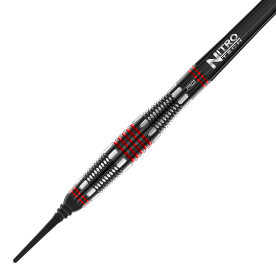 Měkké šipky Red Dragon Marlin Venom - 22g Das Bild zeigt den Red Dragon Marlin Venom Softdart mit einem Gewicht von 22 Gramm. Der Dart hat ein schwarzes und silbernes Design mit auffälligen roten Ringen und einer „Nitro Tech“-Beschriftung.