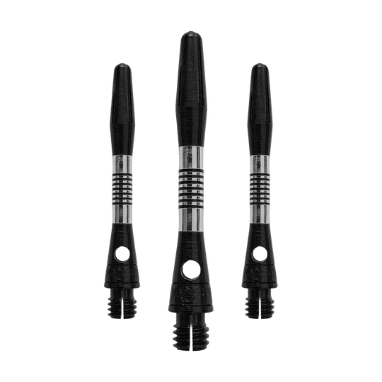 Bulls NL Cetra Aluminium Shafts - Schwarz Das Bild zeigt ein Set von schwarzen Aluminium-Dartschäften. Alle Schäfte haben eine Länge von 34mm.