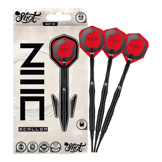 Shot ZEN Scallop Softdarts - 20g Das Bild präsentiert die Shot ZEN Scallop Softdarts - 20g in voller Ansicht. Diese Darts zeichnen sich durch ihre hochwertige Verarbeitung aus.