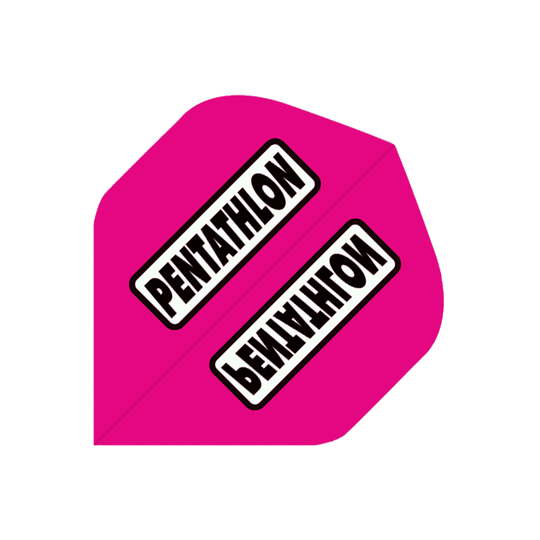P83-Pentathlon-Flights-P83 Das Bild zeigt einen pinken Dartflug mit der Aufschrift "Pentathlon". Es handelt sich um das Produkt "Pentathlon Flights P83".
