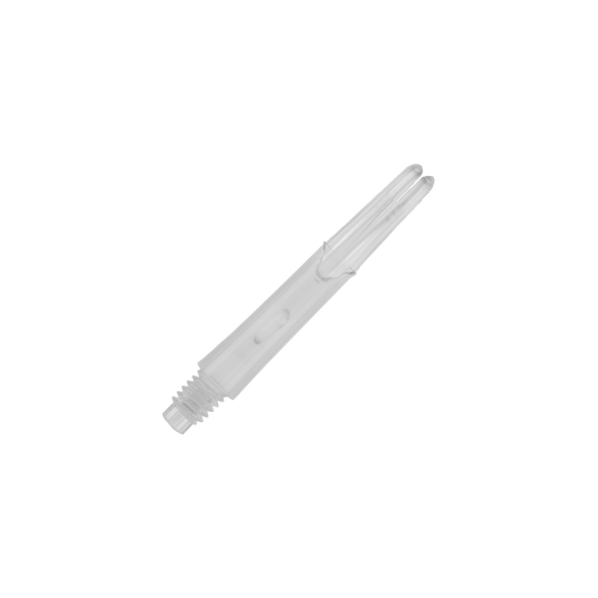 Arbres en L de style L verrouillés droits - Transparent Auf dem Bild ist ein transparenter, gerader Dart-Schaft zu sehen. Er hat ein Schraubgewinde an einem Ende und ist 32 mm lang.