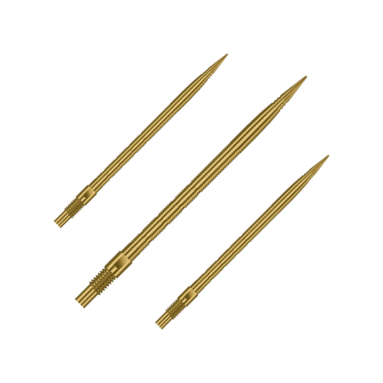 Gezeigt wird ein Set von Harrows Quick Point MicroRidge Dartspitzen in Gold, 40mm. Verschiedene Spitzen sind nebeneinander angeordnet.