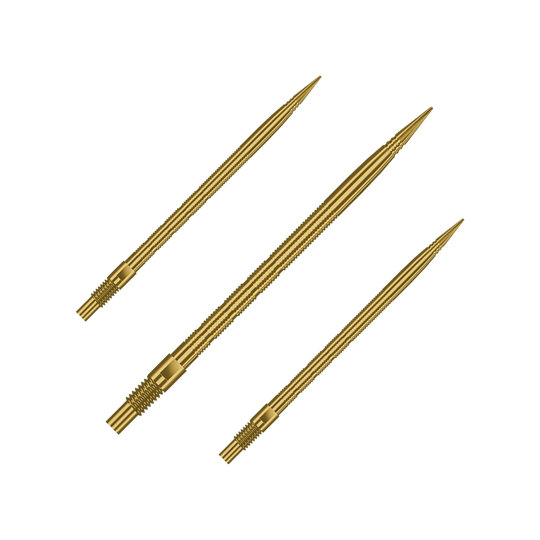 Harrows Quick Point Micro Ridge Dartspitzen - Gold Gezeigt wird ein Set von Harrows Quick Point MicroRidge Dartspitzen in Gold, 40mm. Verschiedene Spitzen sind nebeneinander angeordnet.