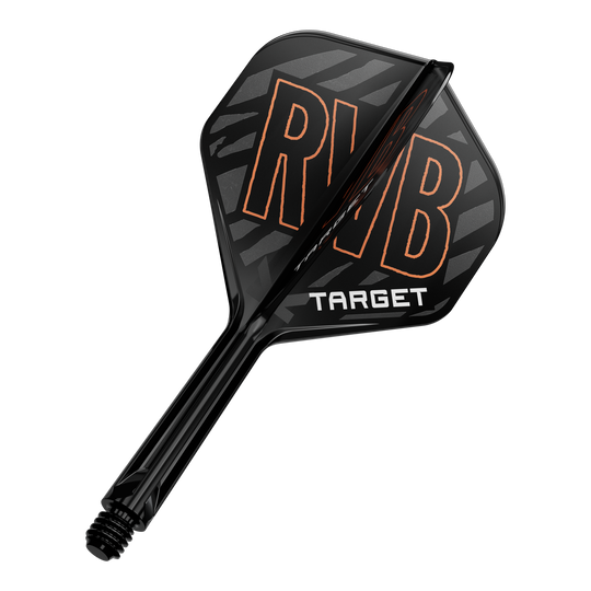 Das Bild zeigt ein schwarzes Dart Flight-Schaft-System mit den Buchstaben „RVB“ in orange. Darunter steht das Wort „TARGET“ in weißen Buchstaben.