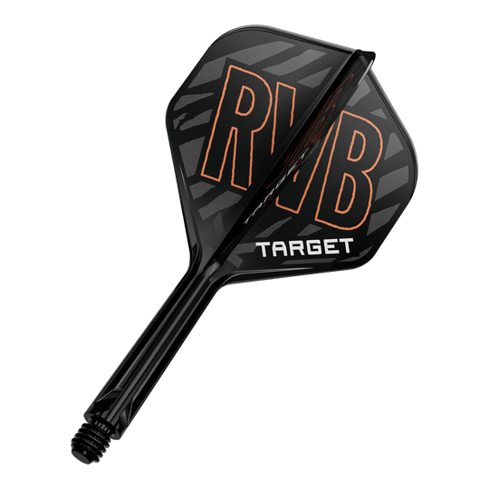 Target K-Flex Raymond Van Barneveld No2 Standard Flight Shaft System Das Bild zeigt ein schwarzes Dart Flight-Schaft-System mit den Buchstaben „RVB“ in orange. Darunter steht das Wort „TARGET“ in weißen Buchstaben.