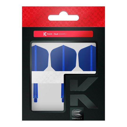 Das Bild zeigt eine Verpackung mit drei blauen Dart-Flights und Shafts. Oben auf der Verpackung steht "K FLEX | No6 SHAPE" und unten ist das Target-Logo zu sehen.