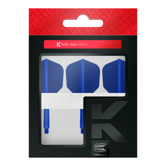 Target K-Flex No6 Flight System - Blue Das Bild zeigt eine Verpackung mit drei blauen Dart-Flights und Shafts. Oben auf der Verpackung steht "K FLEX | No6 SHAPE" und unten ist das Target-Logo zu sehen.