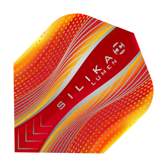 HF5128_Harrows_Silika_Lumen_Yellow_Red_No6_Flights_1 Dies ist ein Harrows Silika Lumen Flight in den Farben Gelb und Rot. Auf dem Flight steht der Schriftzug "SILIKA LUMEN".