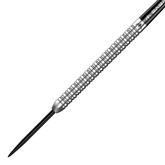 Mission Mike De Decker MDD Silver Steeldarts Das Bild zeigt einen silbernen Steeldart mit gerilltem Griff. Es handelt sich um das Produkt "Mission Mike De Decker MDD Silver Steeldarts".