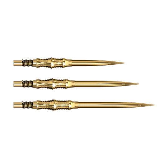 Harrows Quick Point Apex Spire Elite Series Dartspitzen - Gold Ein einzelner goldfarbener Dartspitze liegt auf neutralem Hintergrund. Die Spitze ist lang und schlank.