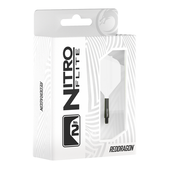 Red Dragon Nitro Flite Solid White and Black Short Abgebildet ist Red Dragon Nitroflite Black Shaft White Flights No2. Zu sehen sind schwarze Dart-Schäfte mit weißen Flights.