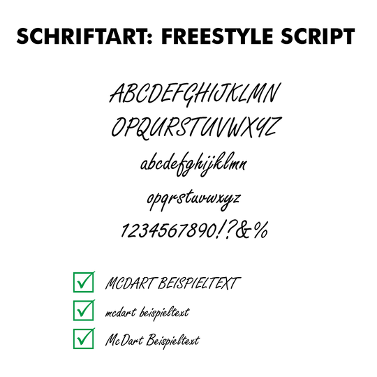Flightdruck_Schriftart_Freestyle_Script Das Bild zeigt die Schriftart "Freestyle Script" mit Beispielen für Groß- und Kleinbuchstaben, Zahlen und Sonderzeichen. Unten sind verschiedene Beispieltexte mit Häkchen dargestellt.