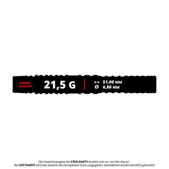 Dardos blandos Target Japan Prime Series Yuta Hayashi Sirius GEN3 MAX - 21,5 g Das Bild zeigt die Produktdetails der "Target Japan Prime Series Yuta Hayashi Sirius GEN3 MAX Softdarts - 21,5g". Angegeben sind das Barrelgewicht von 21,5 g, eine Länge von 51,00 mm und ein Durchmesser von 6,80 mm.