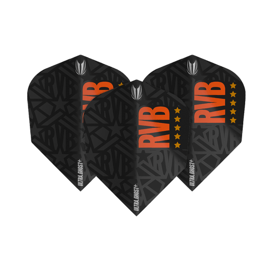 TG62_334020_Target_Ultra-Ghost_RvB_GEN2_Ten-X_Flights_11wmjTAMB7LAXa Das Bild zeigt drei schwarze Dart-Flights mit der Aufschrift "RVB" in orange und fünf orangefarbenen Sternen. Unten steht "ULTRA GHOST+" in kleiner, weißer Schrift.