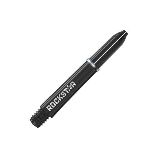 Winmau Joe Cullen Rockstar Nylon Alberi Neri Auf dem Bild ist ein schwarzer Dart-Schaft mit der Aufschrift "ROCKSTAR" zu sehen. Der Schaft hat einen silbernen Ring in der Mitte.