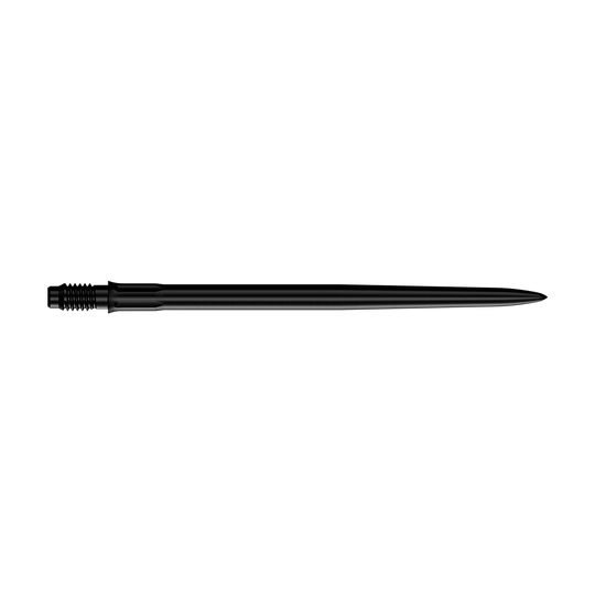 Das Bild zeigt Dartspitzen in Schwarz mit 40mm Länge. Zu sehen sind die Mission R25 Rapid Point SM1 Dartspitzen.